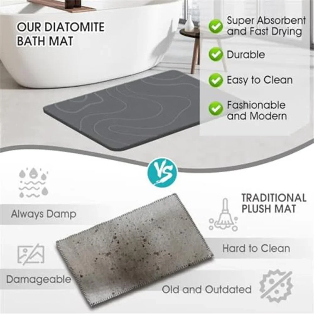 Stone Bath Mat Diatomaceous Earth Quick Dry Non Slip Shower Mat Grey 24x16